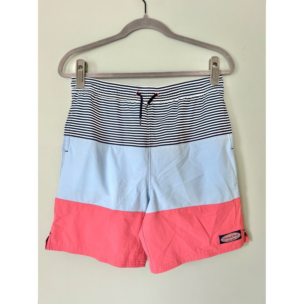 Vineyard Vines Chappy Swim Trunks Bathing Suit Blue Pink Stripes Boys' Large/16